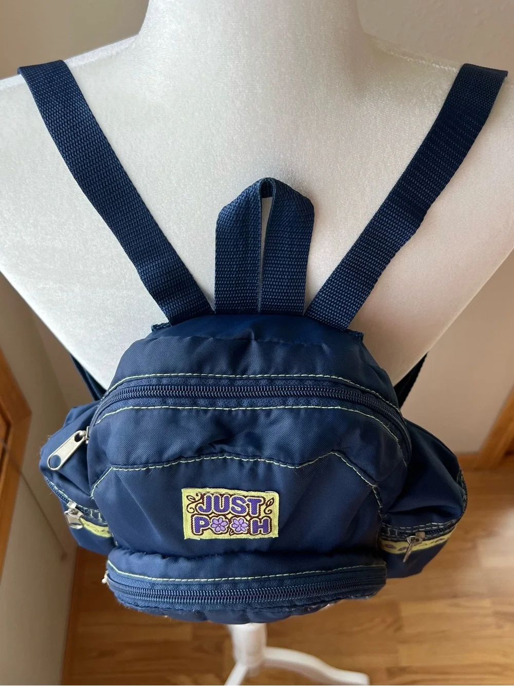 VTG Disney Winnie the Pooh Mini Backpack 90’s Y2K Blue Nylon Side Zip Pockets